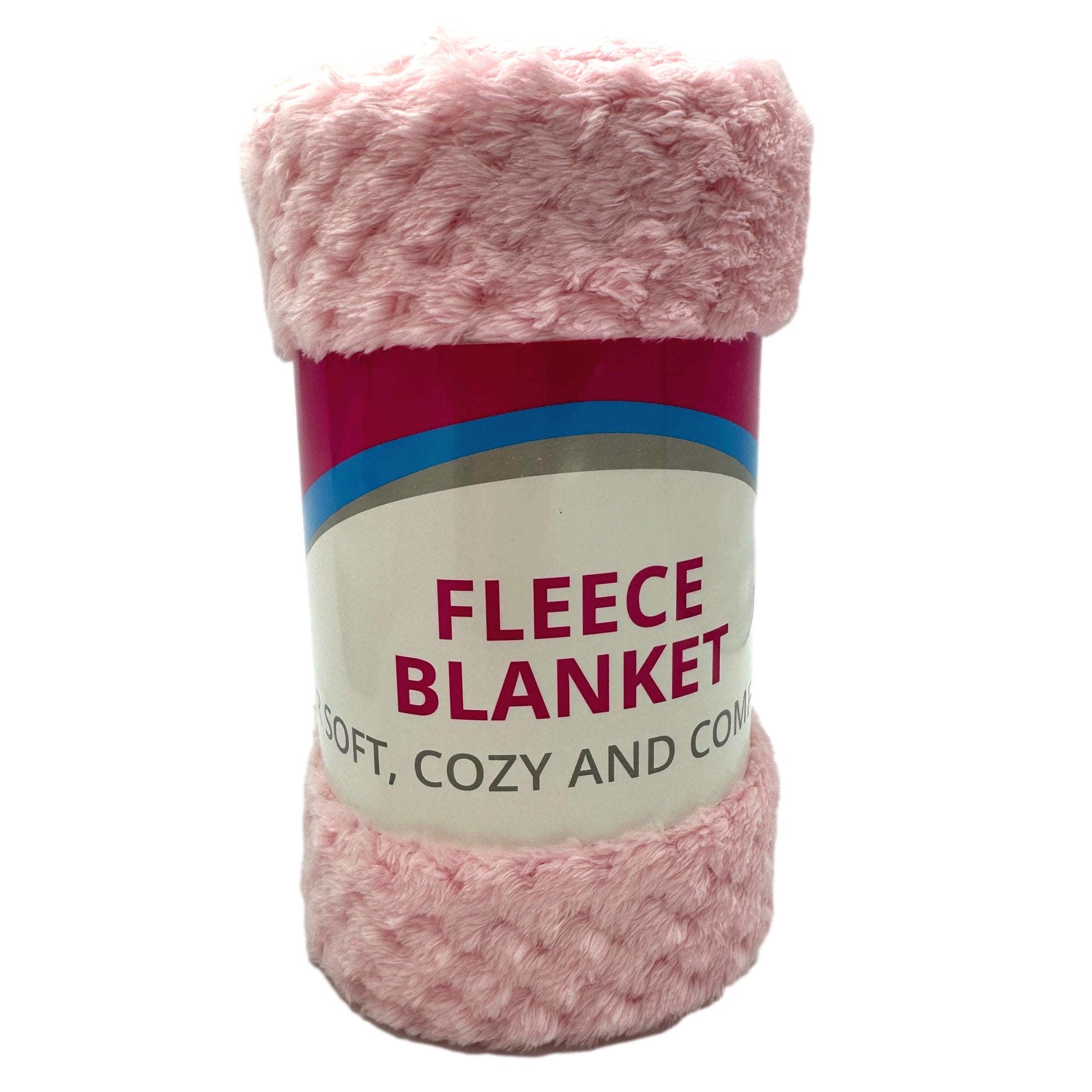 Rolled up pink fleece blanket with product label.